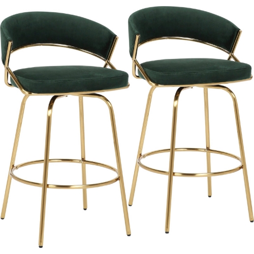 Jie Counter Stool in Gold Metal & Green Velvet (Set of 2)
